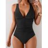 imageEomenie One Piece Swimsuit for Women Tummy Control V Neck Bathing Suit Ruched Tie Back SwimwearBlack