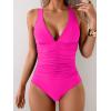 imageEomenie One Piece Swimsuit for Women Tummy Control V Neck Bathing Suit Ruched Tie Back SwimwearHot Pink