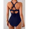 imageEomenie One Piece Swimsuit for Women Tummy Control V Neck Bathing Suit Ruched Tie Back SwimwearNavy Blue  Print