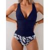 imageEomenie One Piece Swimsuit for Women Tummy Control V Neck Bathing Suit Ruched Tie Back SwimwearNavy Blue  Print