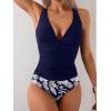 imageEomenie One Piece Swimsuit for Women Tummy Control V Neck Bathing Suit Ruched Tie Back SwimwearNavy Blue  Print