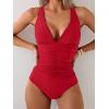 imageEomenie One Piece Swimsuit for Women Tummy Control V Neck Bathing Suit Ruched Tie Back SwimwearRed