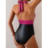 imageEomenie Womens One Piece Swimsuit Tummy Control Metallic Glitter Bathing Suit Halter V Neck Color Block Swim SuitHot Pink Black