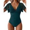 imageEomenie One Piece Swimsuit for Women Mesh Ruffle Sleeves Bathing Suit Tummy Control Ruched Swimwear V Neck Swim SuitPeacock Green