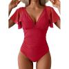 imageEomenie One Piece Swimsuit for Women Mesh Ruffle Sleeves Bathing Suit Tummy Control Ruched Swimwear V Neck Swim SuitRed