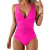imageEomenie One Piece Swimsuit for Women Tummy Control V Neck Bathing Suit Ruched Tie Back SwimwearHot Pink