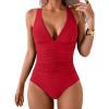 imageEomenie One Piece Swimsuit for Women Tummy Control V Neck Bathing Suit Ruched Tie Back SwimwearRed
