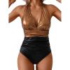imageEomenie Womens One Piece Swimsuit Tummy Control Metallic Glitter Bathing Suit Halter V Neck Color Block Swim SuitGold Black