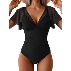 imageEomenie One Piece Swimsuit for Women Mesh Ruffle Sleeves Bathing Suit Tummy Control Ruched Swimwear V Neck Swim SuitBlack