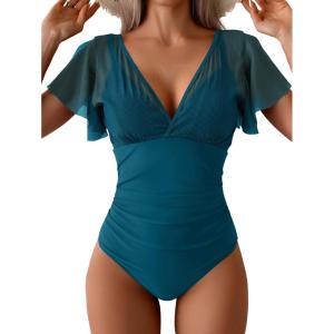 imageEomenie One Piece Swimsuit for Women Mesh Ruffle Sleeves Bathing Suit Tummy Control Ruched Swimwear V Neck Swim SuitPeacock Blue