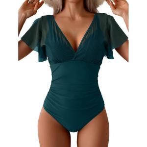 imageEomenie One Piece Swimsuit for Women Mesh Ruffle Sleeves Bathing Suit Tummy Control Ruched Swimwear V Neck Swim SuitPeacock Green