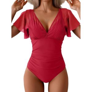 imageEomenie One Piece Swimsuit for Women Mesh Ruffle Sleeves Bathing Suit Tummy Control Ruched Swimwear V Neck Swim SuitRed