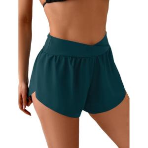imageEomenie Womens Swim Board Shorts High Waisted Bathing Suit Bottom Flowy Swim Trunks Swimsuit Bottom with Builtin BriefPeacock Green
