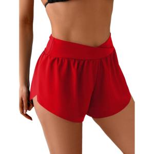 imageEomenie Womens Swim Board Shorts High Waisted Bathing Suit Bottom Flowy Swim Trunks Swimsuit Bottom with Builtin BriefRed