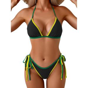 imageEomenie Sexy Bikini Sets for Women Halter Triangle Top Two Piece Swimsuit Tie Side Bathing Suit Color Block SwimwearBlack 02
