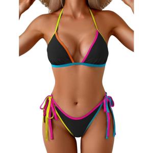 imageEomenie Sexy Bikini Sets for Women Halter Triangle Top Two Piece Swimsuit Tie Side Bathing Suit Color Block SwimwearBlack 03