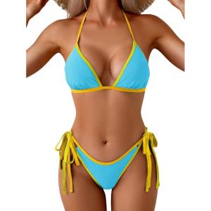 imageEomenie Sexy Bikini Sets for Women Halter Triangle Top Two Piece Swimsuit Tie Side Bathing Suit Color Block SwimwearLight Blue
