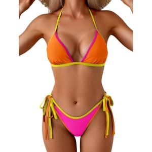 imageEomenie Sexy Bikini Sets for Women Halter Triangle Top Two Piece Swimsuit Tie Side Bathing Suit Color Block SwimwearOrange  Pink