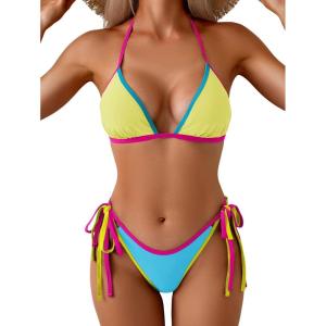 imageEomenie Sexy Bikini Sets for Women Halter Triangle Top Two Piece Swimsuit Tie Side Bathing Suit Color Block SwimwearYellow  Blue