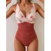 imageEomenie Womens One Piece Swimsuits Tummy Control Ruched Push Up Bathing Suit Tie Back Slimming SwimwearBrick Red Floral