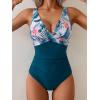 imageEomenie Womens One Piece Swimsuits Tummy Control Ruched Push Up Bathing Suit Tie Back Slimming SwimwearPeacock Green Floral