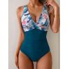 imageEomenie Womens One Piece Swimsuits Tummy Control Ruched Push Up Bathing Suit Tie Back Slimming SwimwearPeacock Green Floral