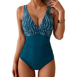 imageEomenie Womens One Piece Swimsuits Tummy Control Ruched Push Up Bathing Suit Tie Back Slimming SwimwearPeacock Green Spot