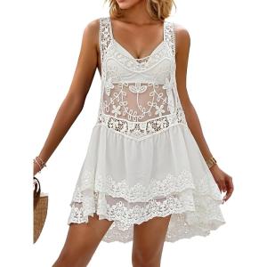 imageEomenie Womens Swimsuit Lace Cover Up Loose Sheer Sleeveless Swim Cover Sexy Backless Bathing Suit Coverup Beach DressWhite