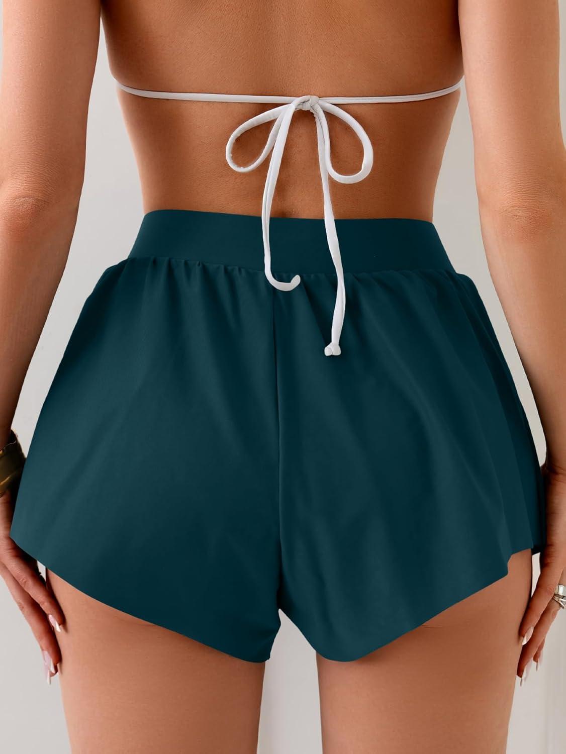 imageEomenie Swim Shorts for Women Tummy Control Boy Shorts High Waisted Bathing Suit Bottom with Builtin PantyPeacock Green