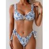 imageEomenie Womens Bikini Sets Two Piece Metal Swimsuits V Neck Lace Up Bathing Suits Sexy Wide Strap Tie Back SwimwearBlue White Printing