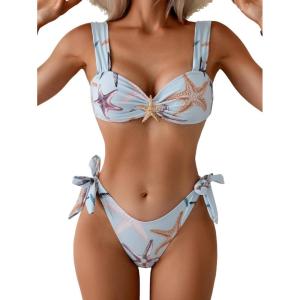 imageEomenie Womens Bikini Sets Two Piece Metal Swimsuits V Neck Lace Up Bathing Suits Sexy Wide Strap Tie Back SwimwearLight Blue Printing