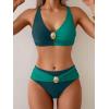 imageEomenie Bikini Sets for Women Color Block Two Piece Bathing Suit V Neck Tie Back SwimsuitPeacock Green Color Block
