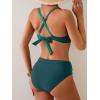 imageEomenie Bikini Sets for Women Color Block Two Piece Bathing Suit V Neck Tie Back SwimsuitPeacock Green Color Block