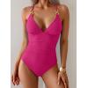 imageEomenie One Piece Swimsuit for Women Ribbed Tummy Control Bathing Suit V Neck Slimming Swimwear Chain Linked Swim SuitsHot Pink