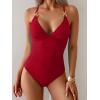 imageEomenie One Piece Swimsuit for Women Ribbed Tummy Control Bathing Suit V Neck Slimming Swimwear Chain Linked Swim SuitsRed