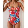 imageEomenie One Piece Swimsuit for Women Tummy Control Ruched Bathing Suit Spaghetti Straps Color Block Slimming Swim SuitsRed Floral Print