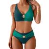 imageEomenie Bikini Sets for Women Color Block Two Piece Bathing Suit V Neck Tie Back SwimsuitPeacock Green Color Block