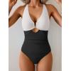 imageEomenie One Piece Swimsuit for Women Tummy Control Cutout Bathing Suit V Neck Tie Back Swim SuitBlack White