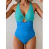 imageEomenie One Piece Swimsuit for Women Tummy Control Cutout Bathing Suit V Neck Tie Back Swim SuitBlue Color Block