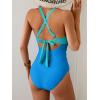 imageEomenie One Piece Swimsuit for Women Tummy Control Cutout Bathing Suit V Neck Tie Back Swim SuitBlue Color Block