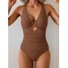 imageEomenie One Piece Swimsuit for Women Tummy Control Cutout Bathing Suit V Neck Tie Back Swim SuitBrown