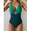 imageEomenie One Piece Swimsuit for Women Tummy Control Cutout Bathing Suit V Neck Tie Back Swim SuitGreen Color Block