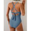 imageEomenie One Piece Swimsuit for Women Tummy Control Cutout Bathing Suit V Neck Tie Back Swim SuitGrey Blue
