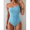 imageEomenie One Piece Swimsuit for Women Tummy Control One Shoulder Bathing Suit Ruched Tie Knot Swim SuitLight Blue