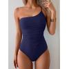 imageEomenie One Piece Swimsuit for Women Tummy Control One Shoulder Bathing Suit Ruched Tie Knot Swim SuitNavy Blue