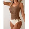 imageEomenie One Piece Swimsuit for Women Tummy Control Ruched Slimming Bathing Suit Drawstring Leopard SwimwearBrown and Beige