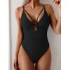 imageEomenie Womens One Piece Tummy Control Swimsuit V Neck Cutout Bathing Suit with Ring Linked Swim Suit High Cut Swimwear