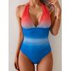 imageEomenie Womens One Piece V Neck Halter Swimsuits 2025 Tummy Control Slimming Bathing Suit Push Up Color Block SwimwearGradient Red Blue