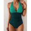 imageEomenie Womens One Piece V Neck Halter Swimsuits 2025 Tummy Control Slimming Bathing Suit Push Up Color Block SwimwearGreen Color Block
