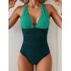 imageEomenie Womens One Piece V Neck Halter Swimsuits 2025 Tummy Control Slimming Bathing Suit Push Up Color Block SwimwearGreen Color Block